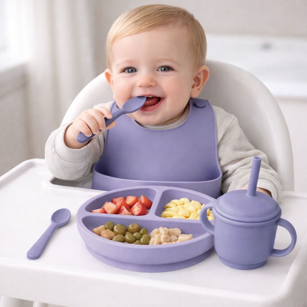 Silicone Baby Feeding Set 9Pc Lavender Suction BPA Free Toddler Mealtime Weaning